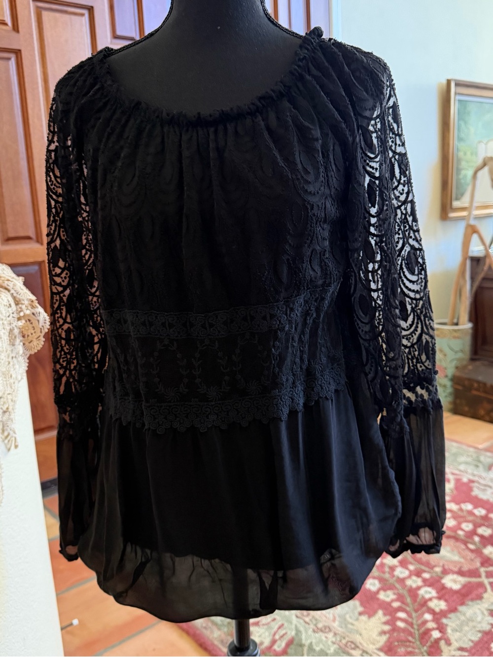 Charlie B Blouse Womens P/S Peasant Boho Embroidered Crochet Long Sleeve Black